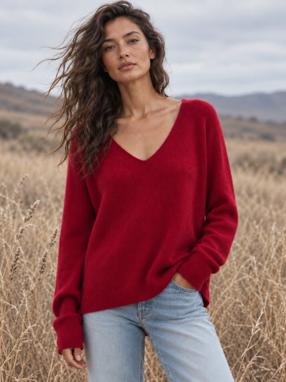 Sundance Rowan 100% Cashmere V-Neck Sweater Burgundy Wine XL 93557